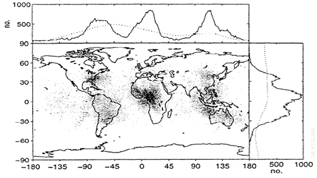карта глобальной грозовой активности, полученная методом триангуляции