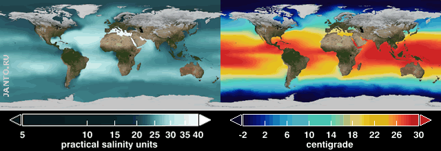 карты солености и температуры мирового океана по данным спутников NASA проекта Aquarius