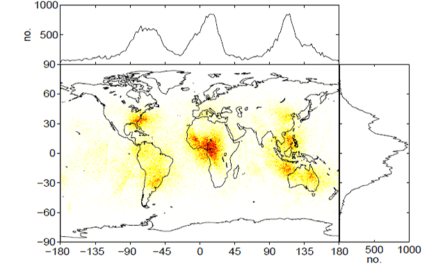 карта глобального распределения грозовой активности