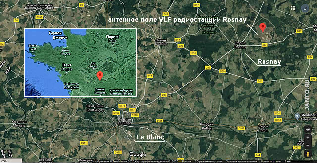 спутниковая карта VLF радиостанции Rosnay